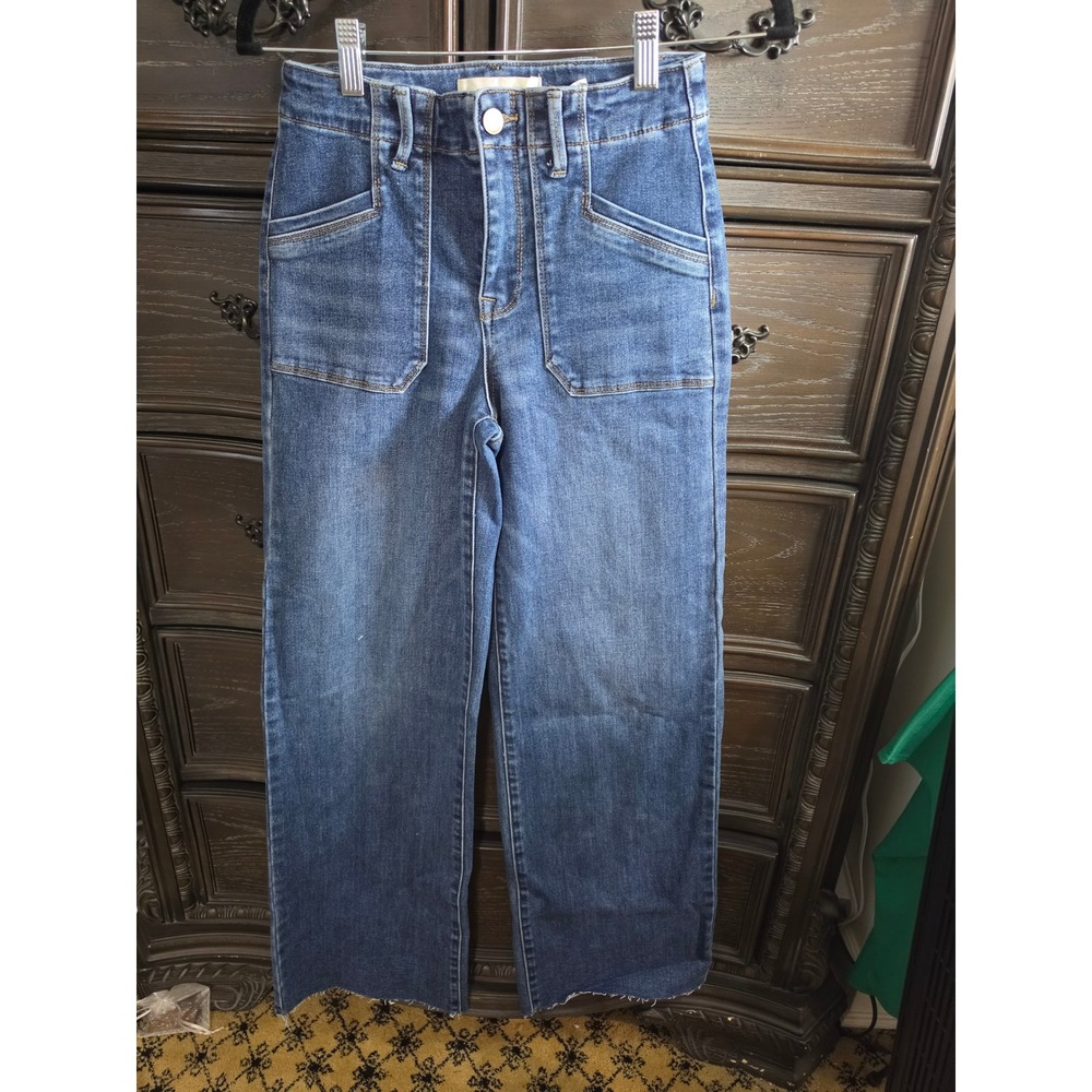 Risen Jeans High Waisted Wide Leg Patch Pocket Denim PW21404 Blue Size 1/25